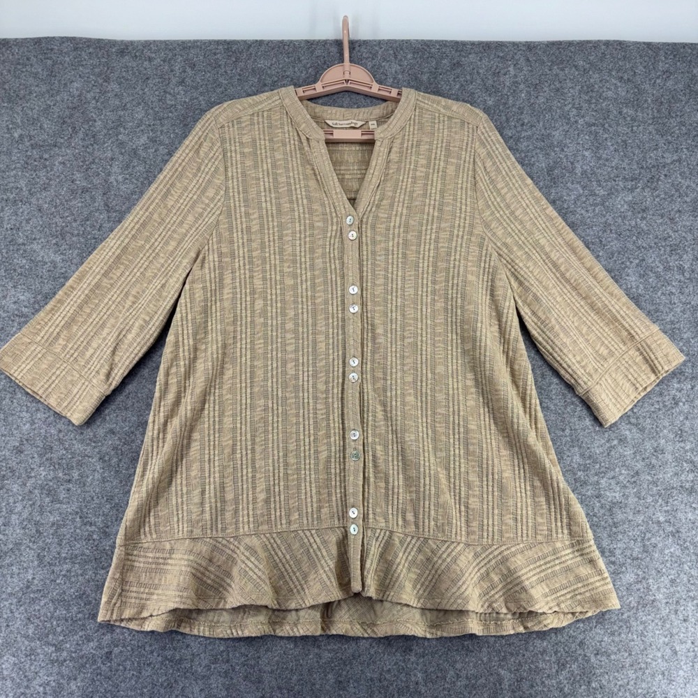 Soft Surroundings Tan Ribbed Button Front Ruffle Hem Cardigan Top PXL 3FG70